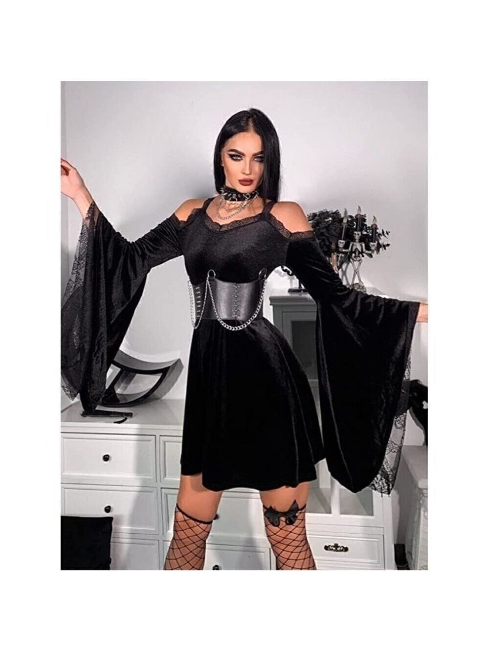 Lace Long Sleeve Dress Black Draped Bodycon Goth Vintage Style Halloween Costume